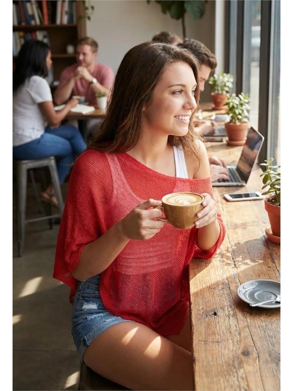 〽️Women's Red Sheer Poncho Top Knit Crochet Lightweight See Through Shawl